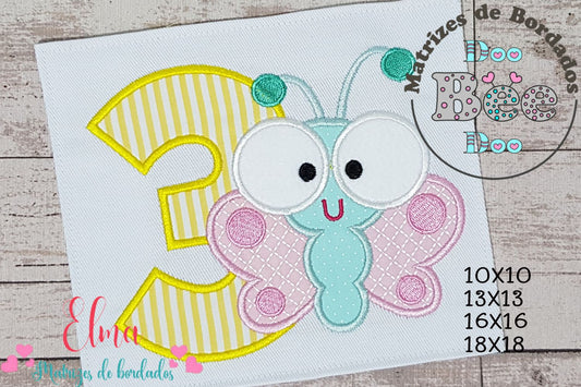 Matriz de Bordado Borboleta Baby com Número 3 – Aplique