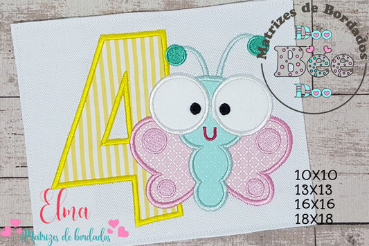 Matriz de Bordado Borboleta Baby com Número 4 – Aplique