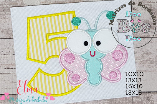 Matriz de Bordado Número 5 com Borboleta Baby – Aplique
