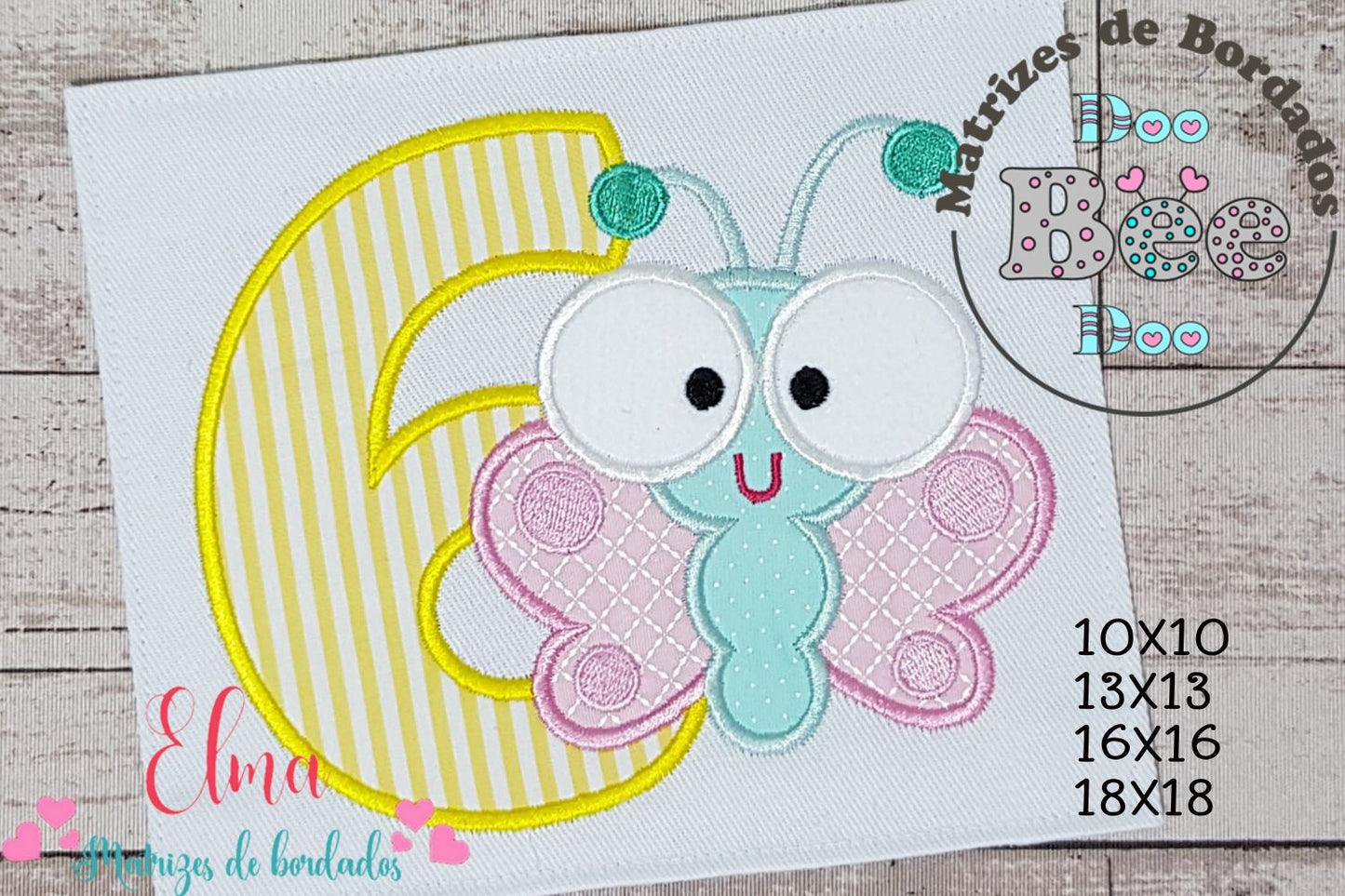 Matriz de Bordado Número 6 com Borboleta Baby – Aplique