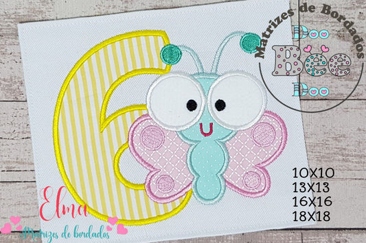 Matriz de Bordado Número 6 com Borboleta Baby – Aplique