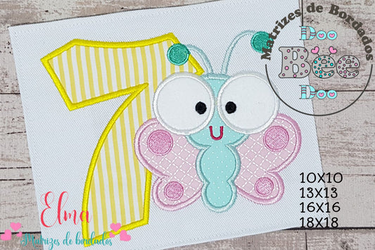 Matriz de Bordado Número 7 com Borboleta Fofa – Aplique