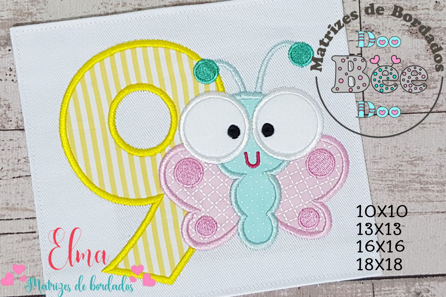 Matriz de Bordado Número 9 com Borboletinha Fofa – Aplique