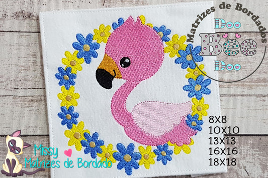 Matriz de Bordado Flamingo Charmoso em Moldura de Flores – Ponto Cheio