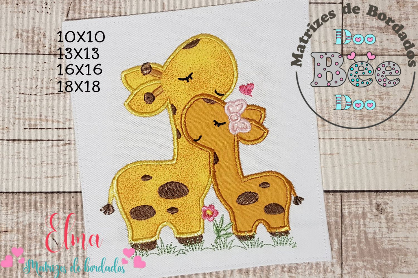 Matriz de Bordado Mamãe e Filhote de Girafa com Laço – Aplique