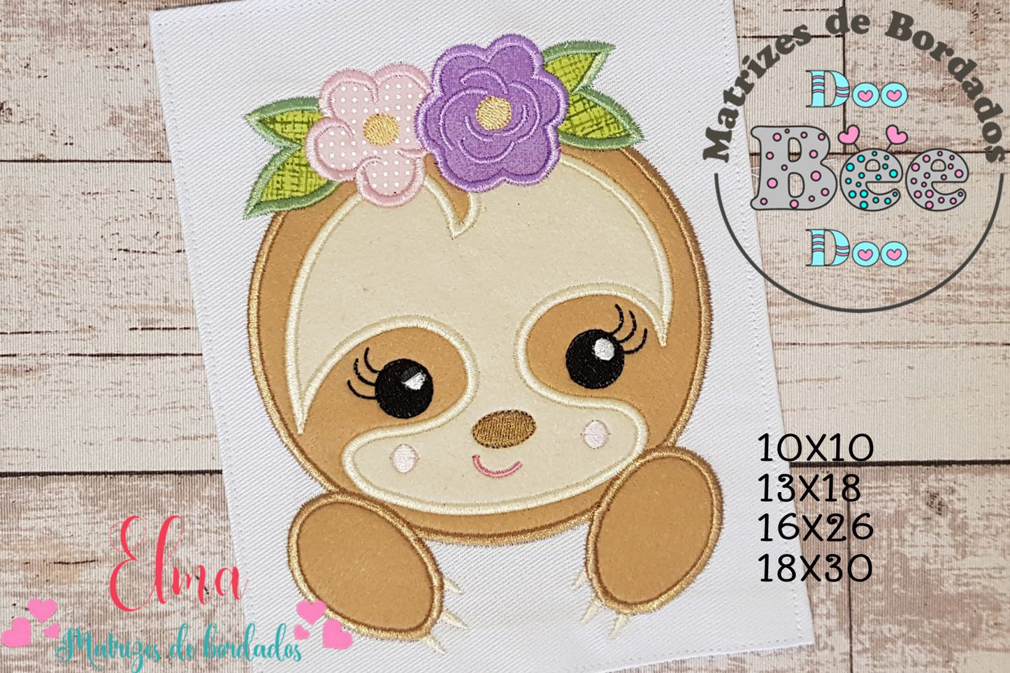 Matriz de Bordado Preguiça Fofinha com Tiara Floral – Aplique