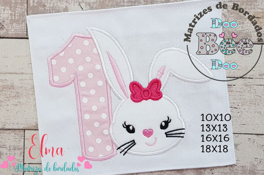 Matriz de Bordado Número 1 com Coelhinha Fofa – Aplique