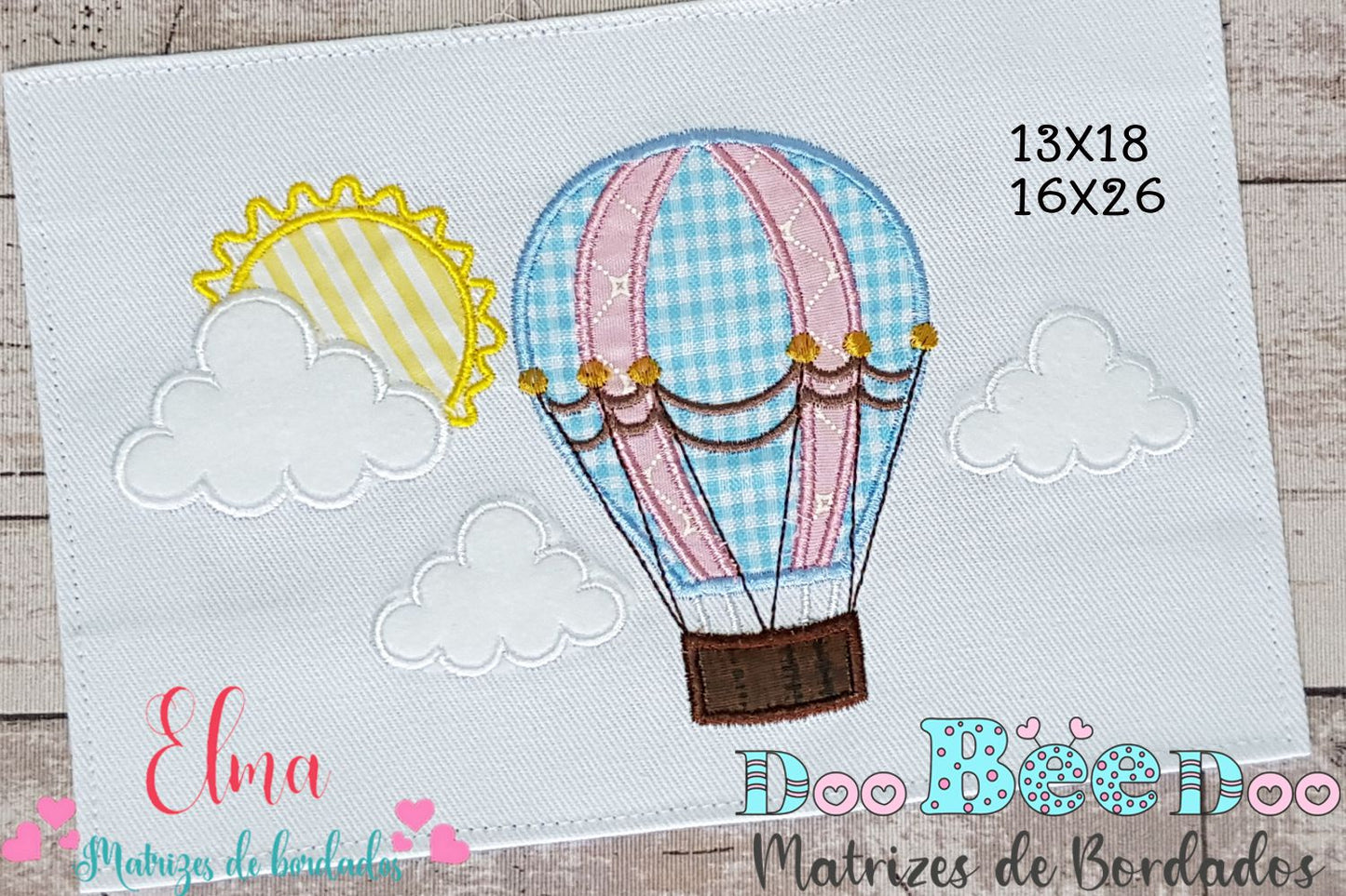 Matriz de Bordado Balão no Céu com Nuvens e Sol – Aplique