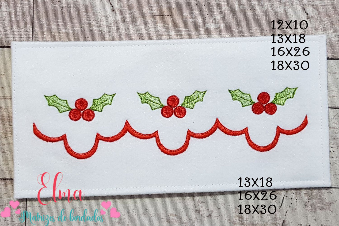 Matriz de Bordado Barra Natalina com Azevinhos Vermelhos – Ponto Satin