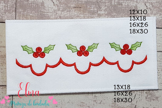 Matriz de Bordado Barra Natalina com Azevinhos Vermelhos – Ponto Satin