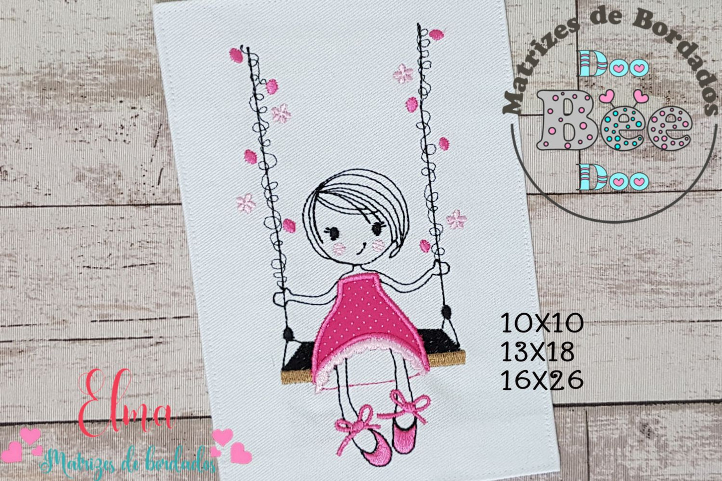 Matriz de Bordado Garotinha no Balanço com Flores – Aplique