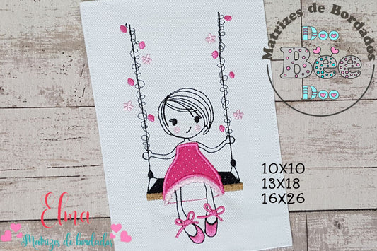 Matriz de Bordado Garotinha no Balanço com Flores – Aplique