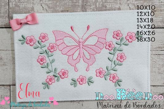 Matriz de Bordado Borboleta com Flores Delicadas – Ponto Satim