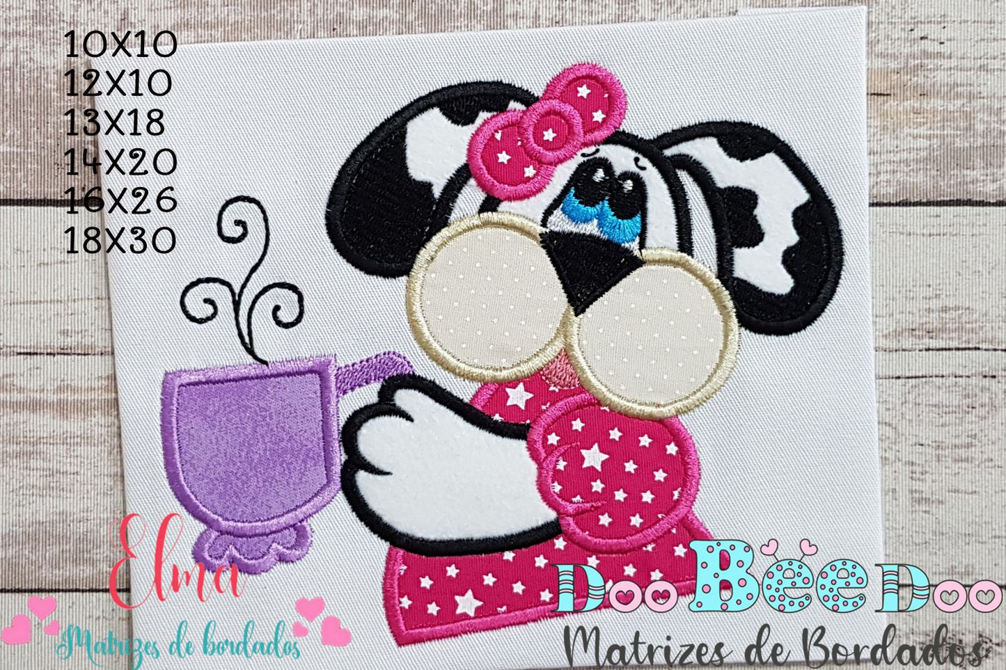 Matriz de Bordado Cachorrinha Estilosa com Xícara – Aplique
