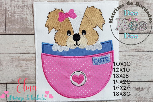Matriz de Bordado Cachorrinha Fofa no Bolso – Ponto Aplique