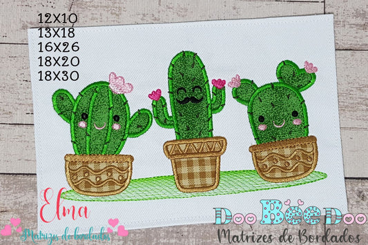 Matriz de Bordado Vasos com Cactos Divertidos – Aplique