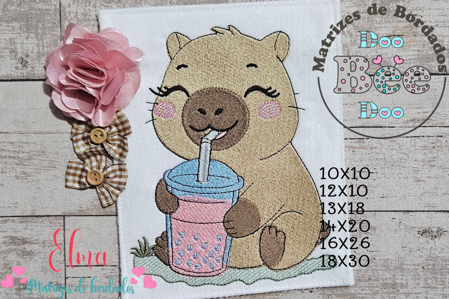 Matriz de Bordado Capivara Fofa com Copo de Boba Tea – Ponto Cheio