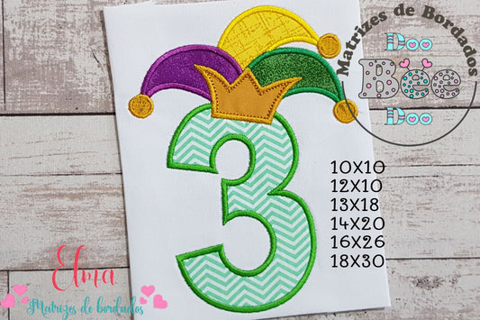 Matriz de Bordado Carnaval Número 3 com Chapéu Divertido – Aplique