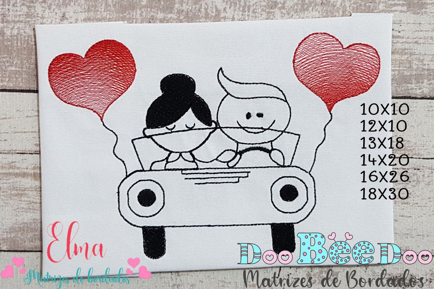 Matriz de Bordado Casal no Carro com Balões Coração – Ponto Sketch