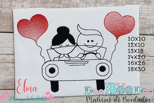 Matriz de Bordado Casal no Carro com Balões Coração – Ponto Sketch