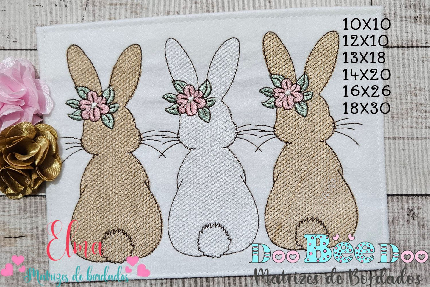 Matriz de Bordado Coelhinhos com Flores nas Orelhas – Ponto Rippled