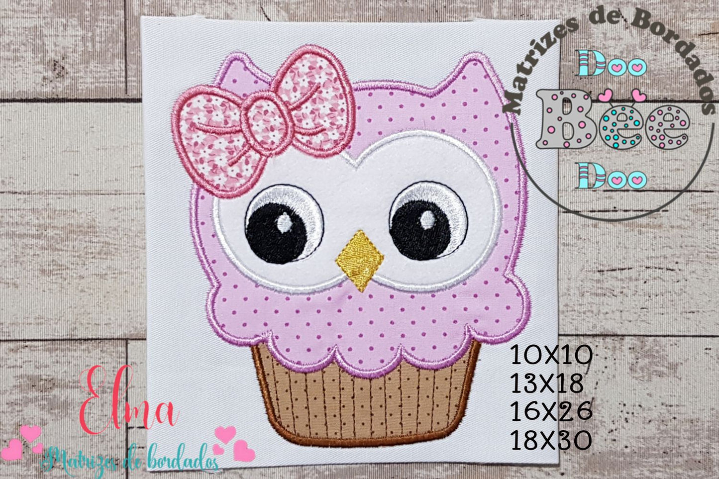 Matriz de Bordado Coruja Cupcake com Laço - Aplique