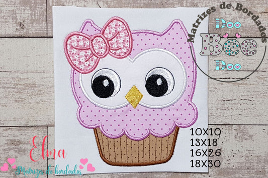 Matriz de Bordado Coruja Cupcake com Laço - Aplique