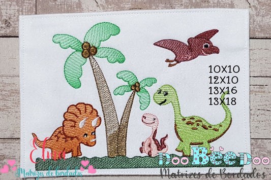 Matriz de Bordado Dinossauros na Floresta – Ponto Sketch