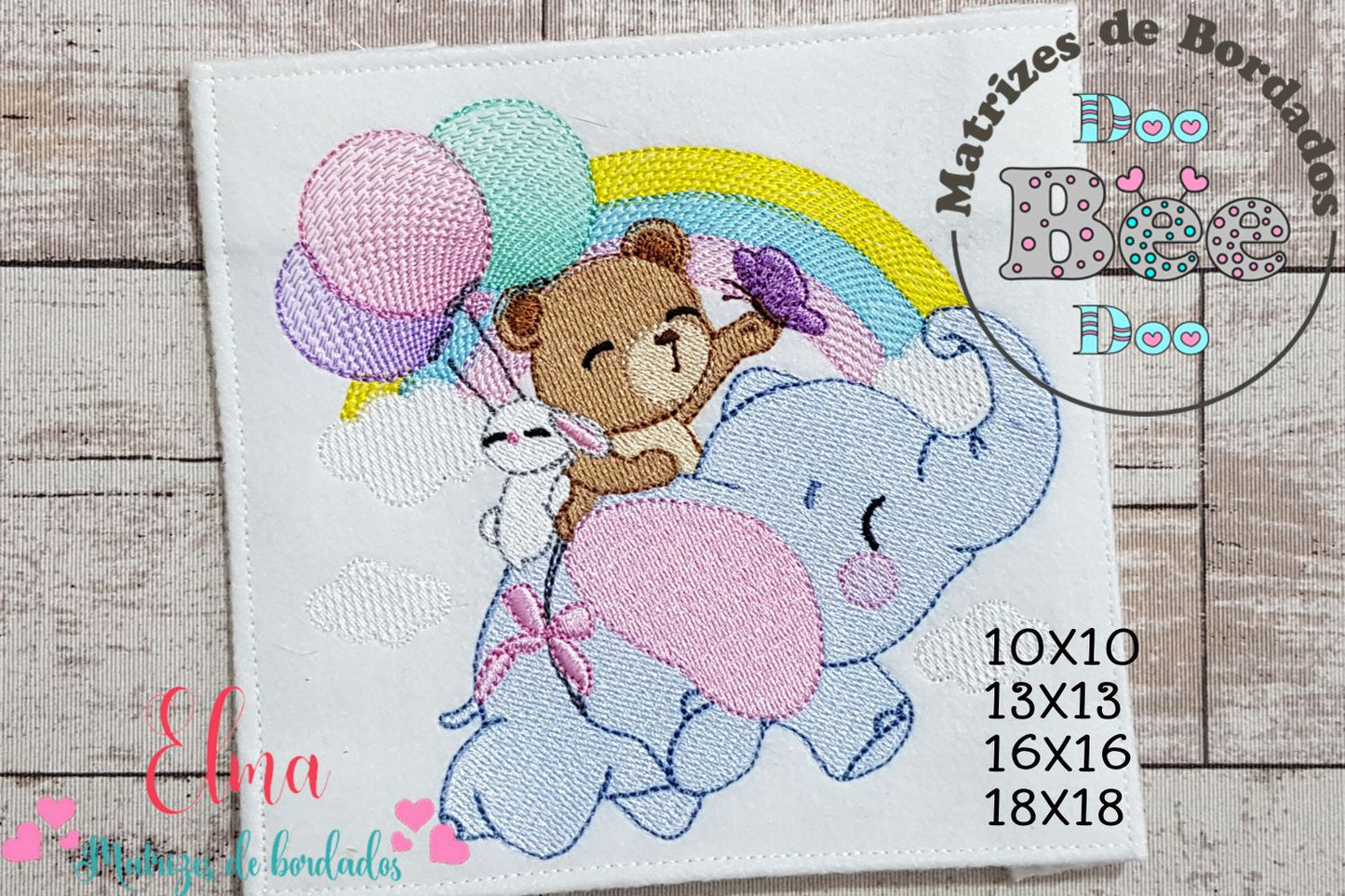 Matriz de Bordado Amigos no Céu com Elefante, Ursinho e Coelho – Ponto Cheio