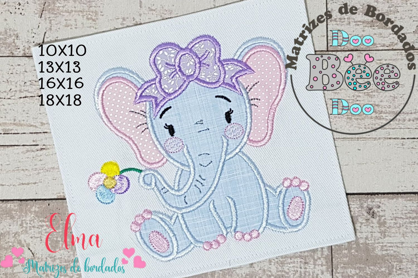 Matriz de Bordado Elefantinha com Laço e Flor – Aplique