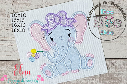Matriz de Bordado Elefantinha com Laço e Flor – Aplique