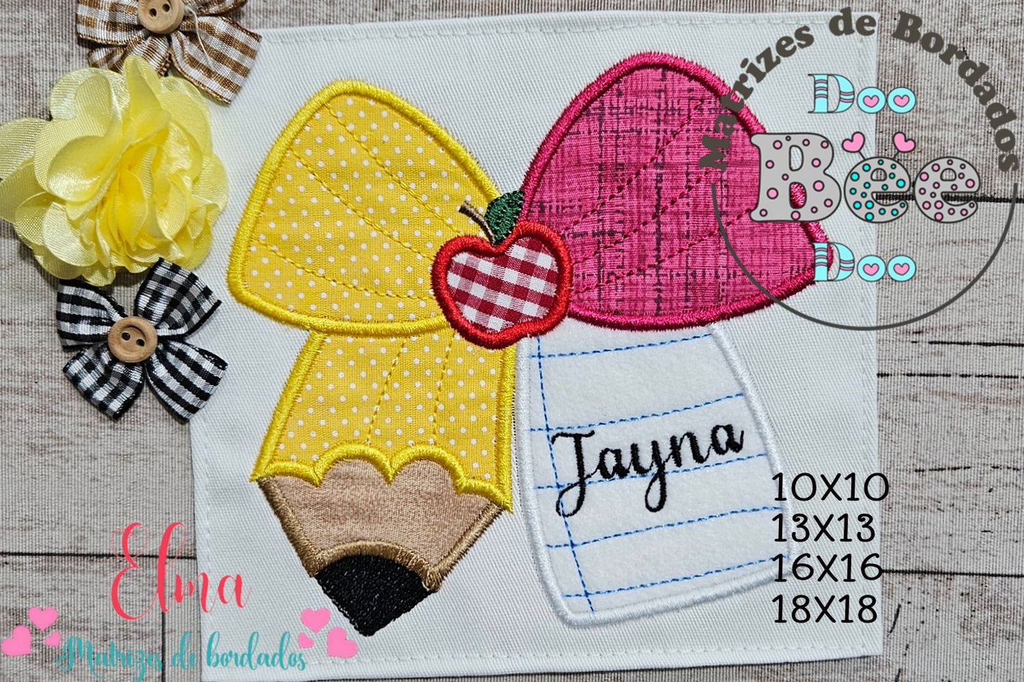 Matriz de Bordado Volta às Aulas comLaço, Lápis e Caderno – Ponto Aplique