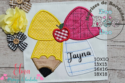 Matriz de Bordado Volta às Aulas comLaço, Lápis e Caderno – Ponto Aplique