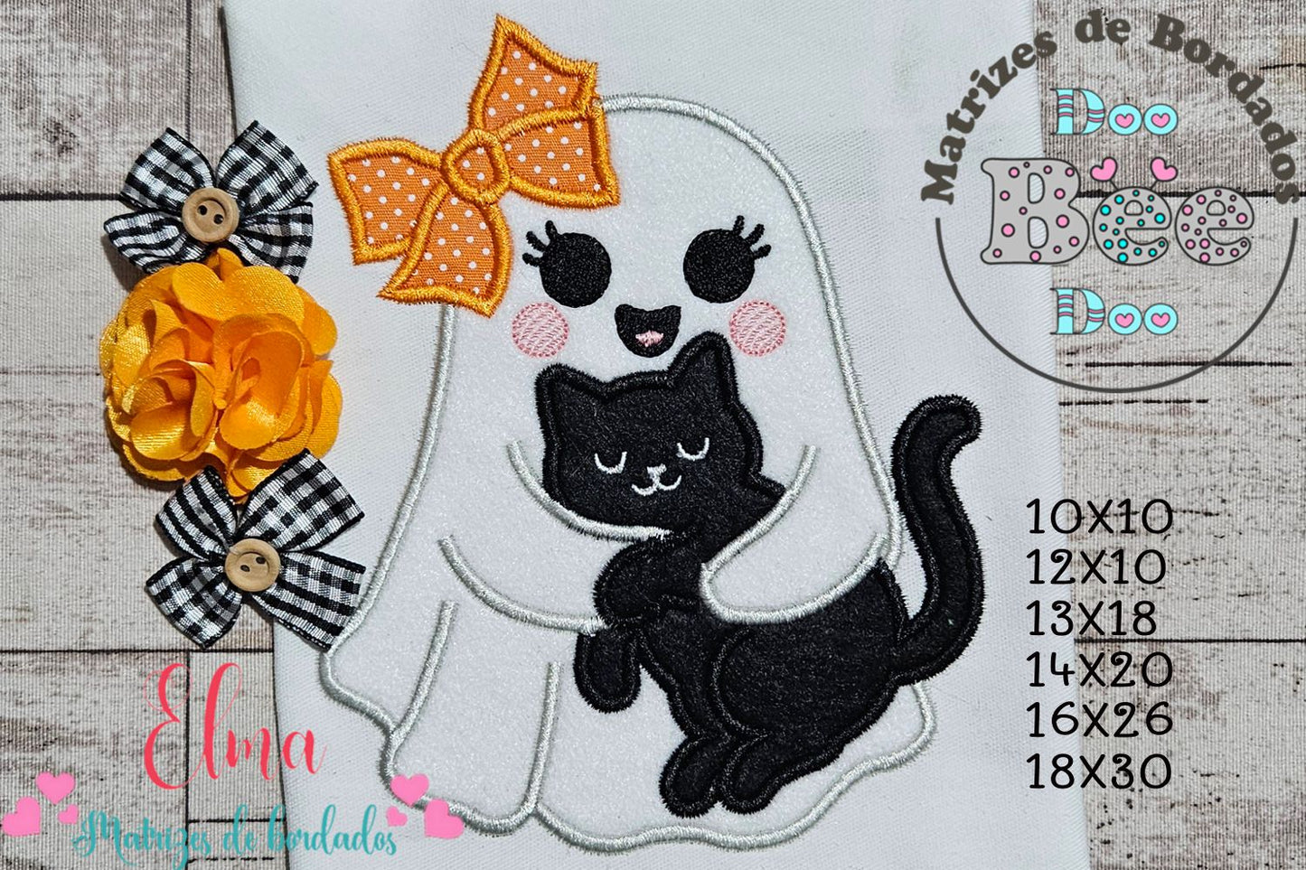 Matriz de Bordado Fantasma Fofo de Laço e Gato – Aplique