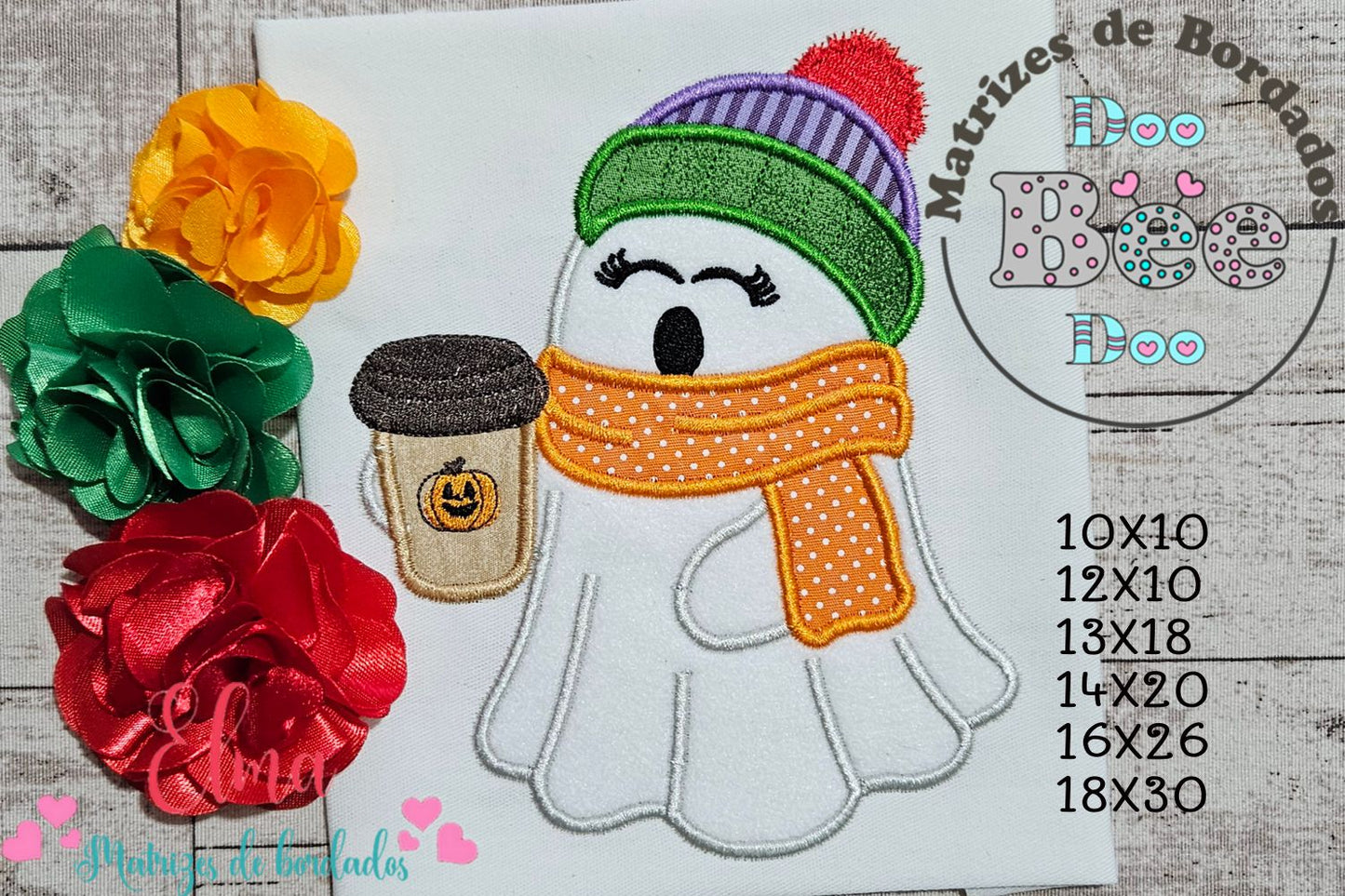 Matriz de Bordado Fantasma Fofo com Cachecol e Café – Aplique