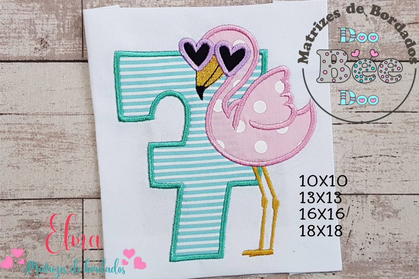 Matriz de Bordado Número 7 Tropical com Flamingo Fofo – Ponto Aplique