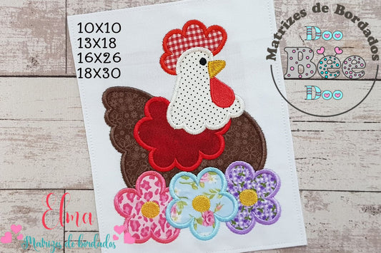Matriz de Bordado Galinha com Flores – Aplique