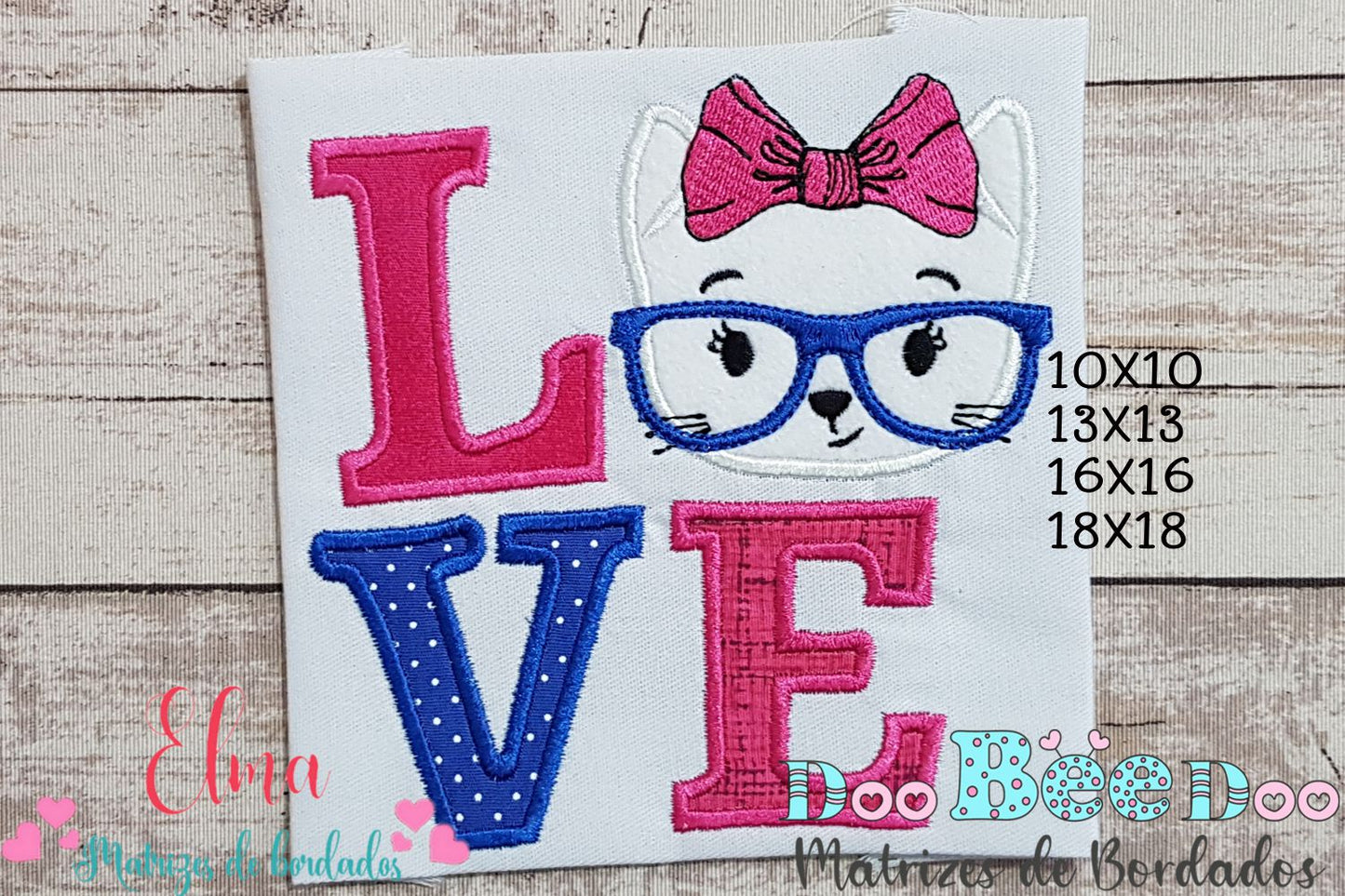 Matriz de Bordado Palavra LOVE com Gatinha Nerd – Ponto Aplique