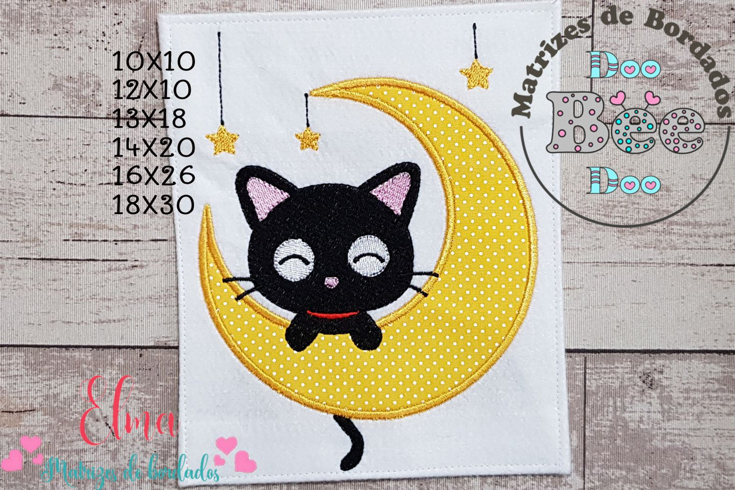 Matriz de Bordado Gatinho Preto Dorminhoco na Lua com Estrelas – Aplique