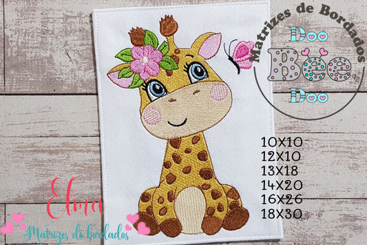 Matriz de Bordado Girafinha com Laço Floral e Borboleta – Ponto Cheio