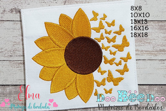 Matriz de Bordado Girassol Delicado com Borboletas – Ponto Cheio