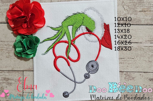 Matriz de Bordado Mão do Grinch com Estetoscópio – Ponto Cheio
