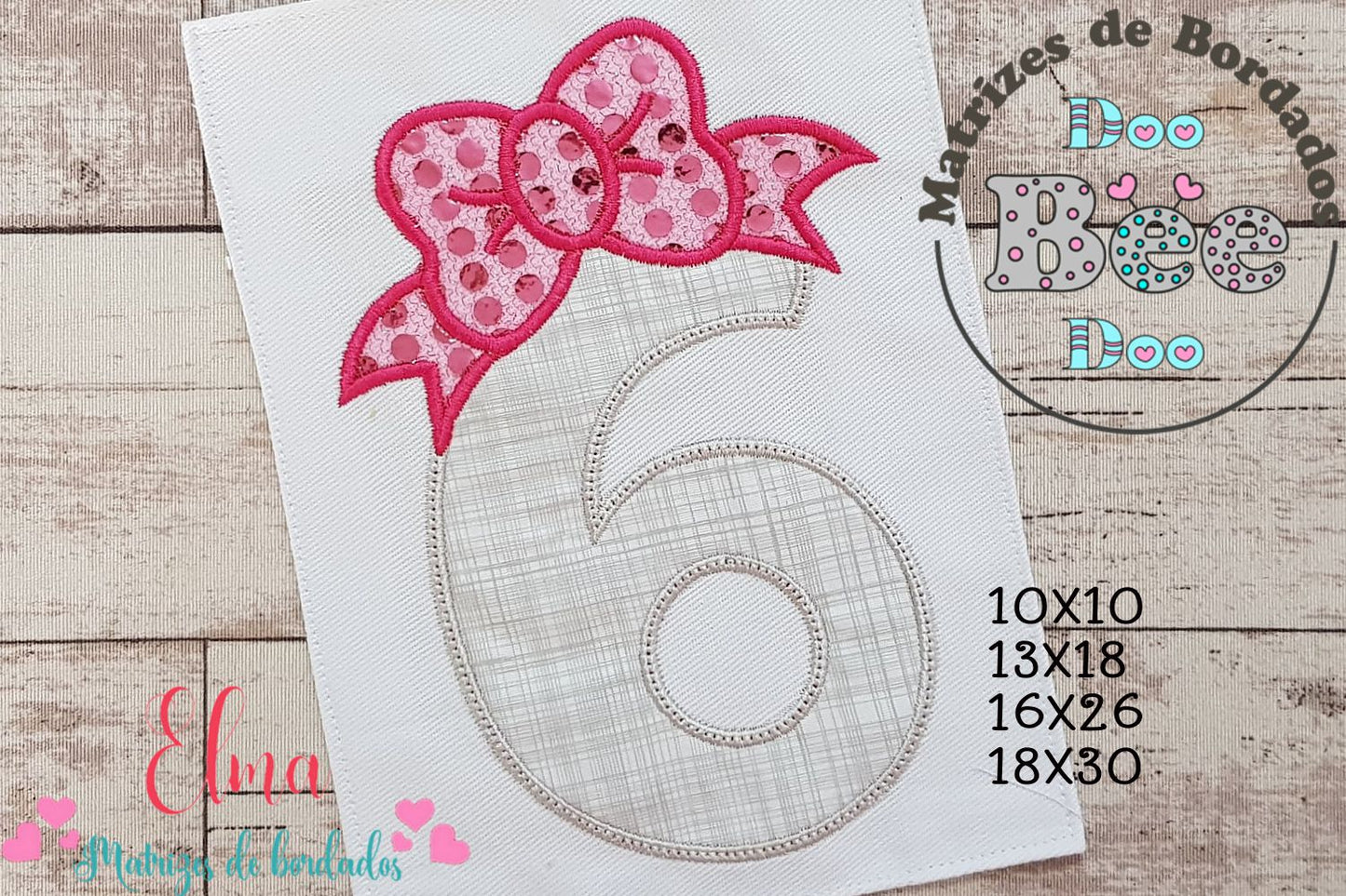 Matriz de Bordado Número 6 com Lacinho Fofo – Ponto Aplique