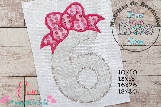 Matriz de Bordado Número 6 com Lacinho Fofo – Ponto Aplique