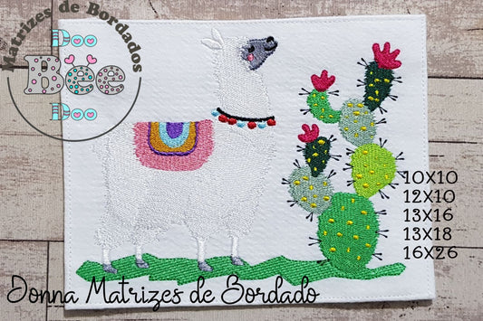 Matriz de Bordado Lhama com Cactos - Ponto Cheio