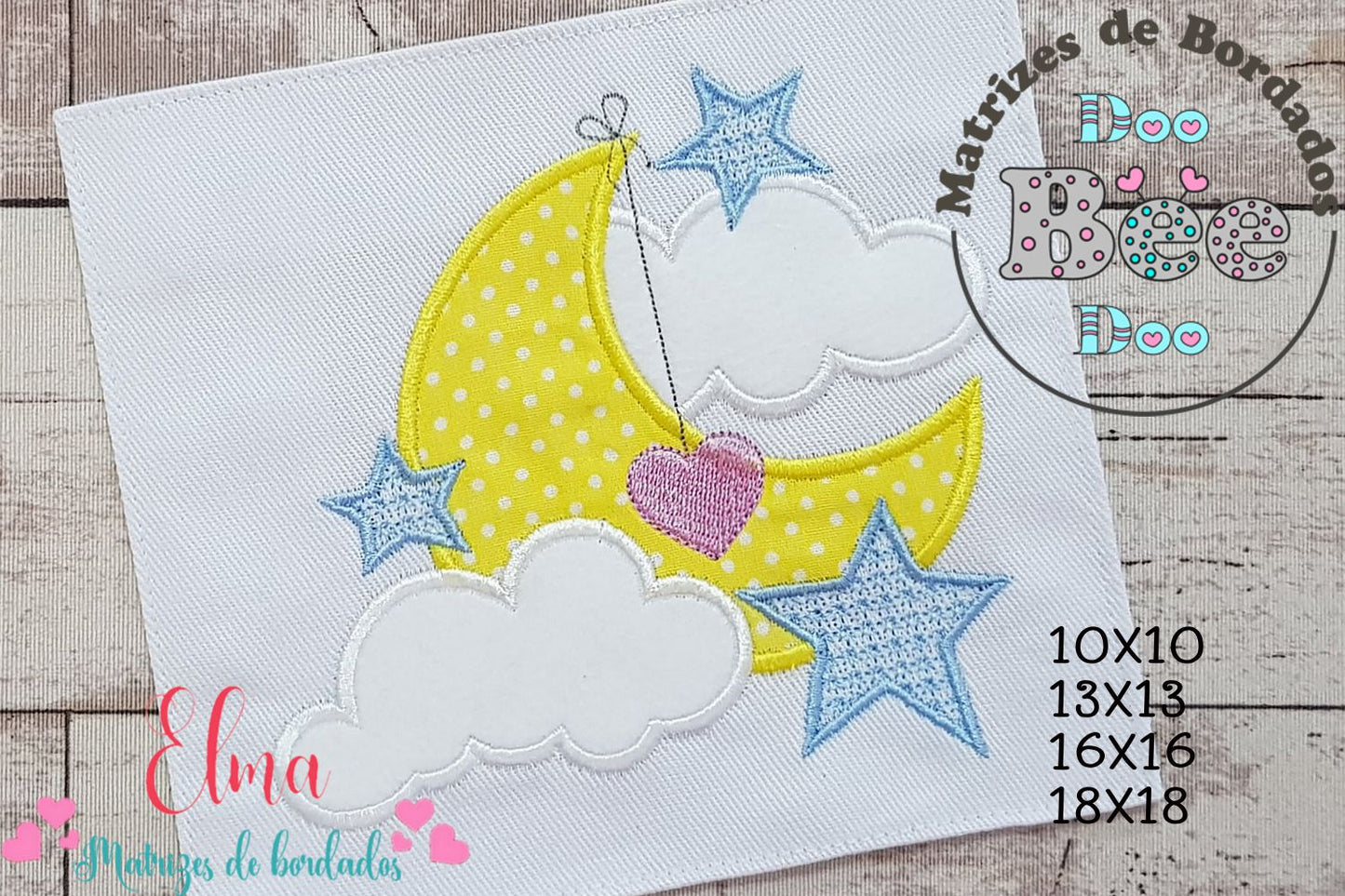Matriz de Bordado Lua Fofinha com Coração e Estrelas – Aplique