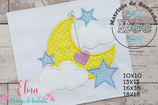 Matriz de Bordado Lua Fofinha com Coração e Estrelas – Aplique