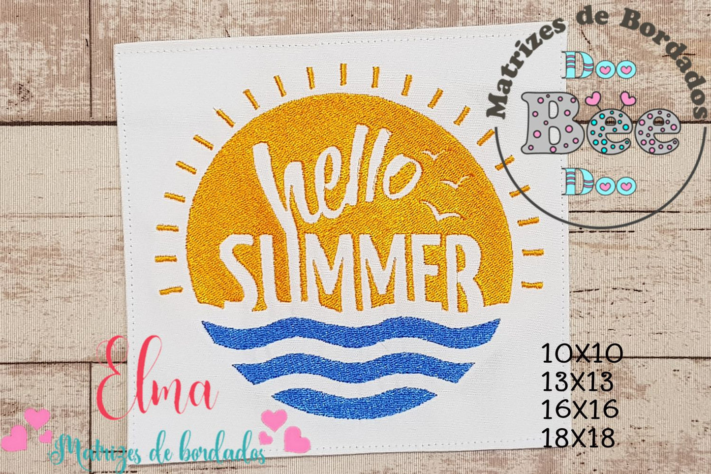 Matriz de Bordado Verão Hello Summer com Sol Radiante – Ponto Cheio