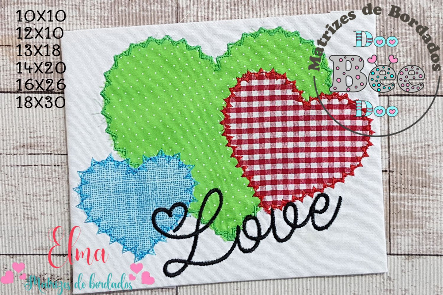 Matriz de Bordado 3 Corações com Love – Aplique Zig Zag Romântico