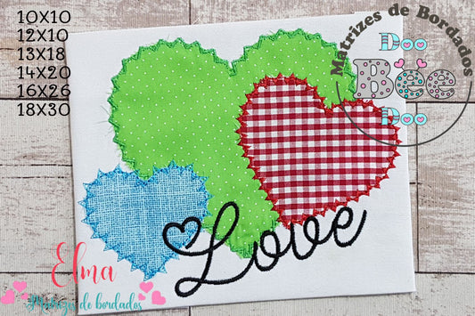 Matriz de Bordado 3 Corações com Love – Aplique Zig Zag Romântico